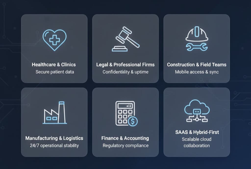 Icon grid showing fast, reliable IT support for North Carolina industries including Healthcare, Legal, Construction, Manufacturing, and Finance offices.