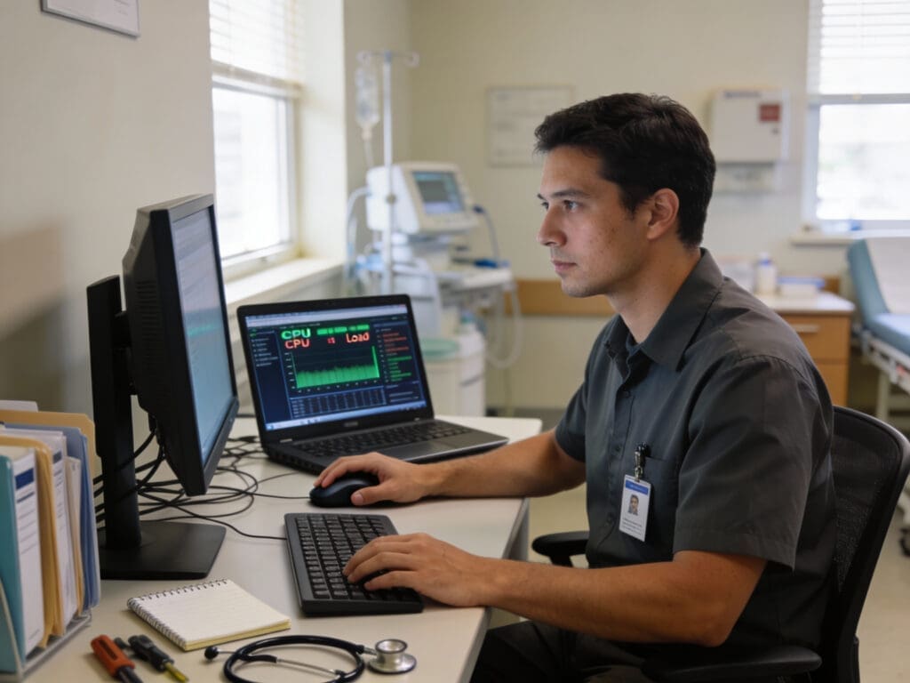 man at desk monitoring computer systems in medical office
