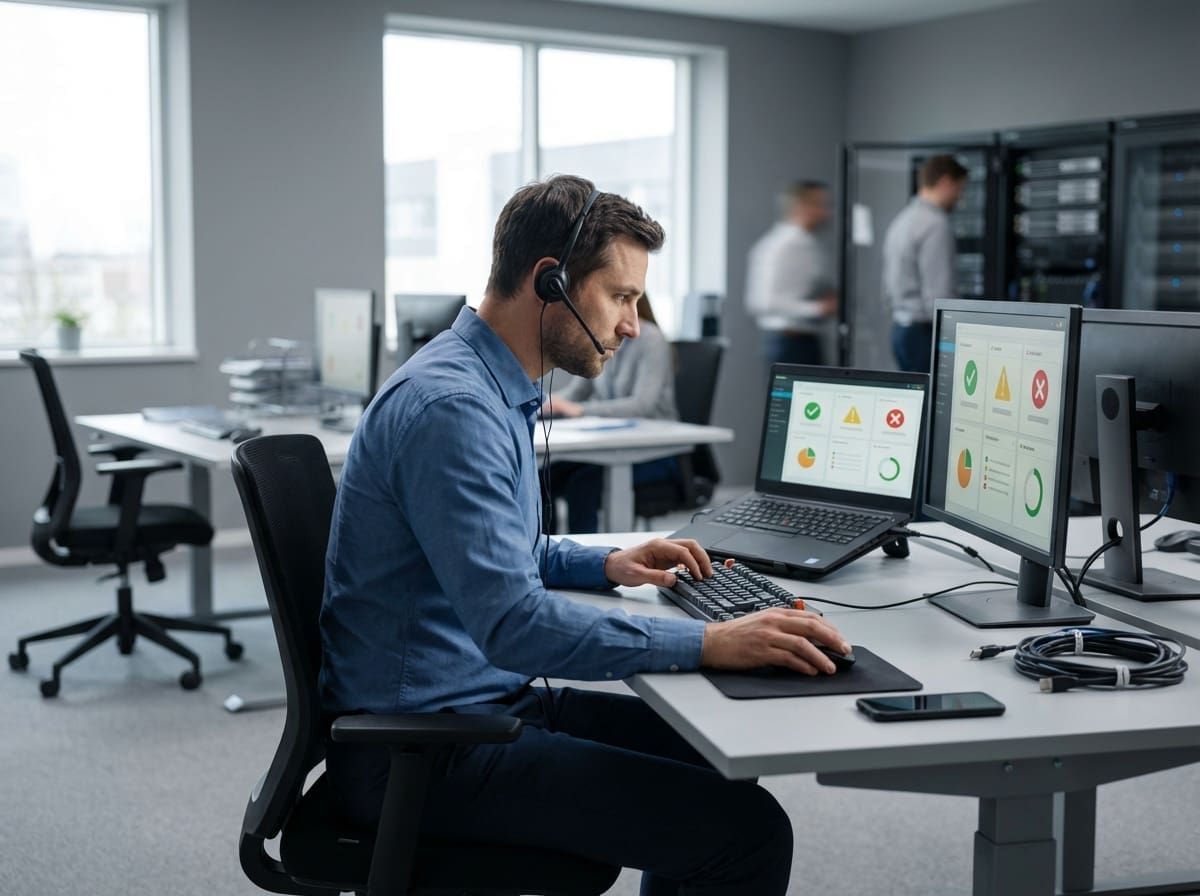 IT professional with headset working on computer in office