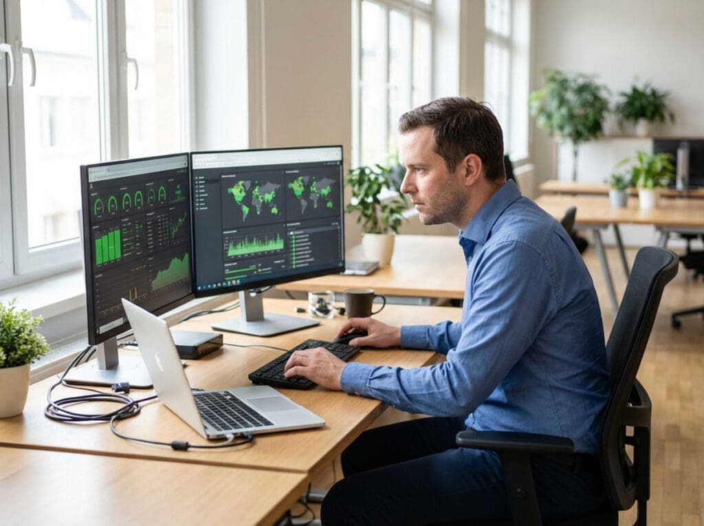 man in blue shirt analyzing data on dual monitors in office