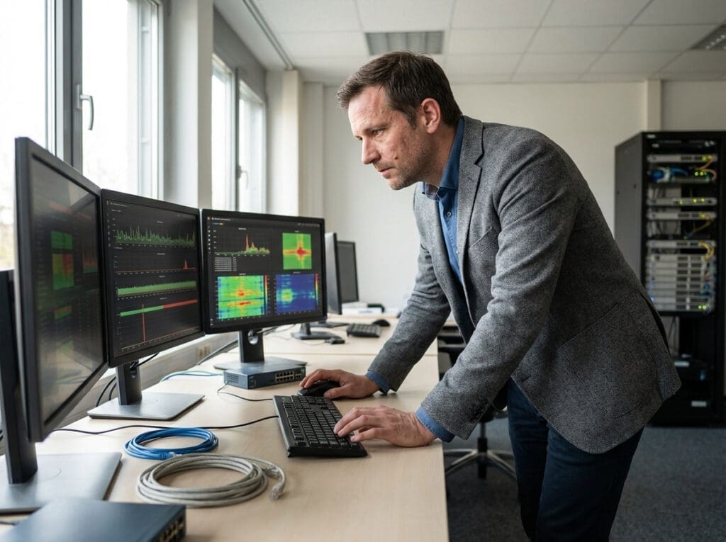 man in gray blazer analyzing data on multiple monitors