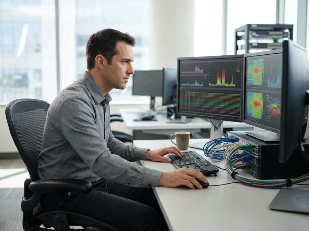 man analyzing data on dual monitors in modern office
