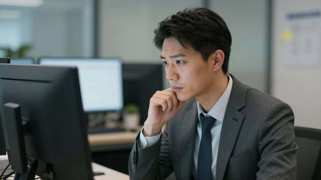 Man in suit focused on computer screen in office