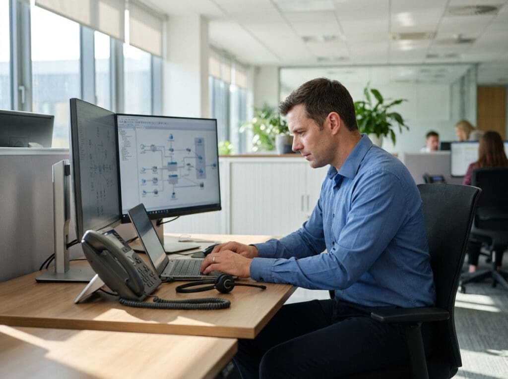 man in blue shirt working on computer in modern office
