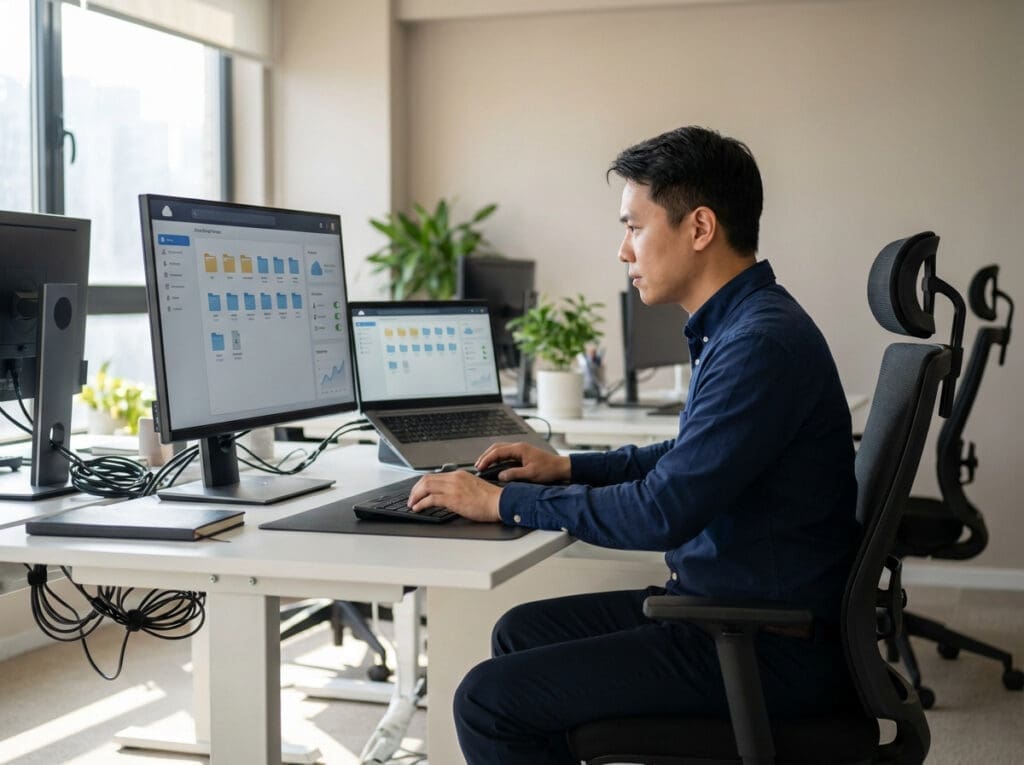 man in blue shirt working on computer in modern office