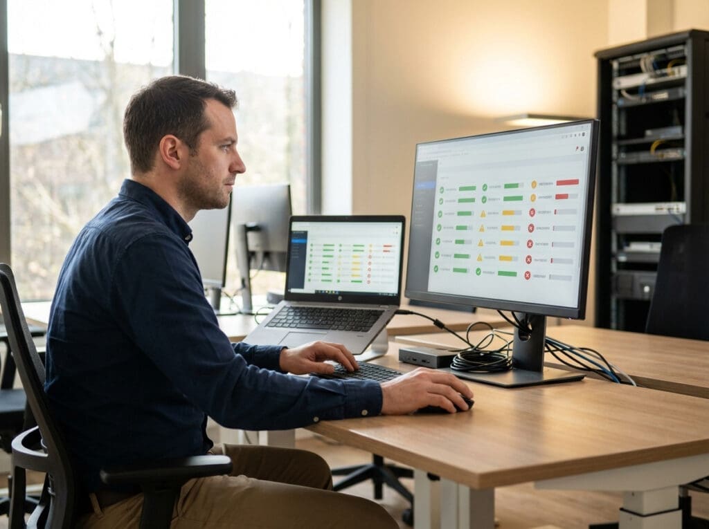 man in blue shirt working on computer monitors in office
