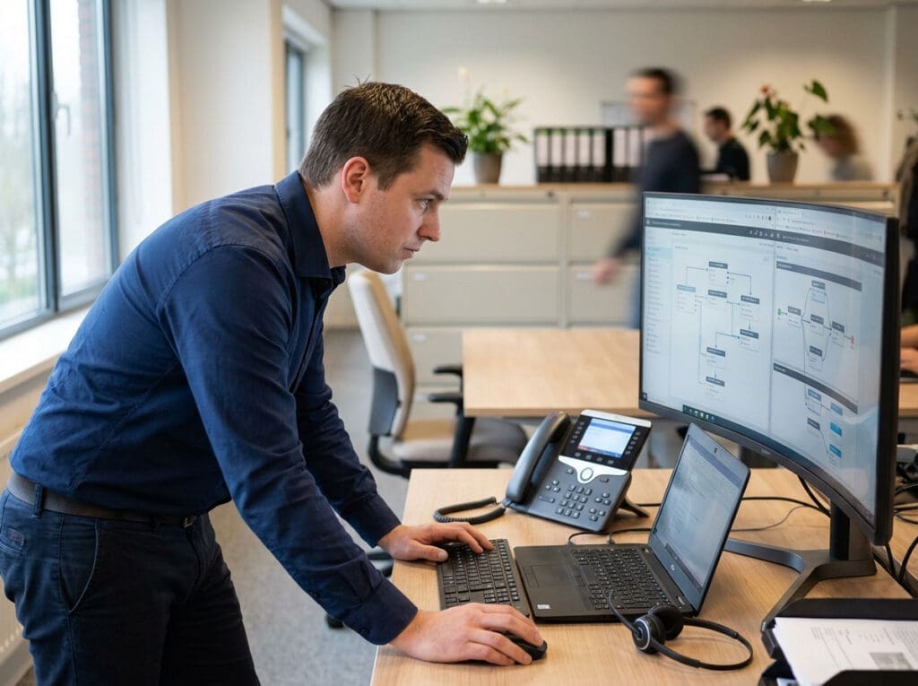 Man in blue shirt working on dual monitors in office