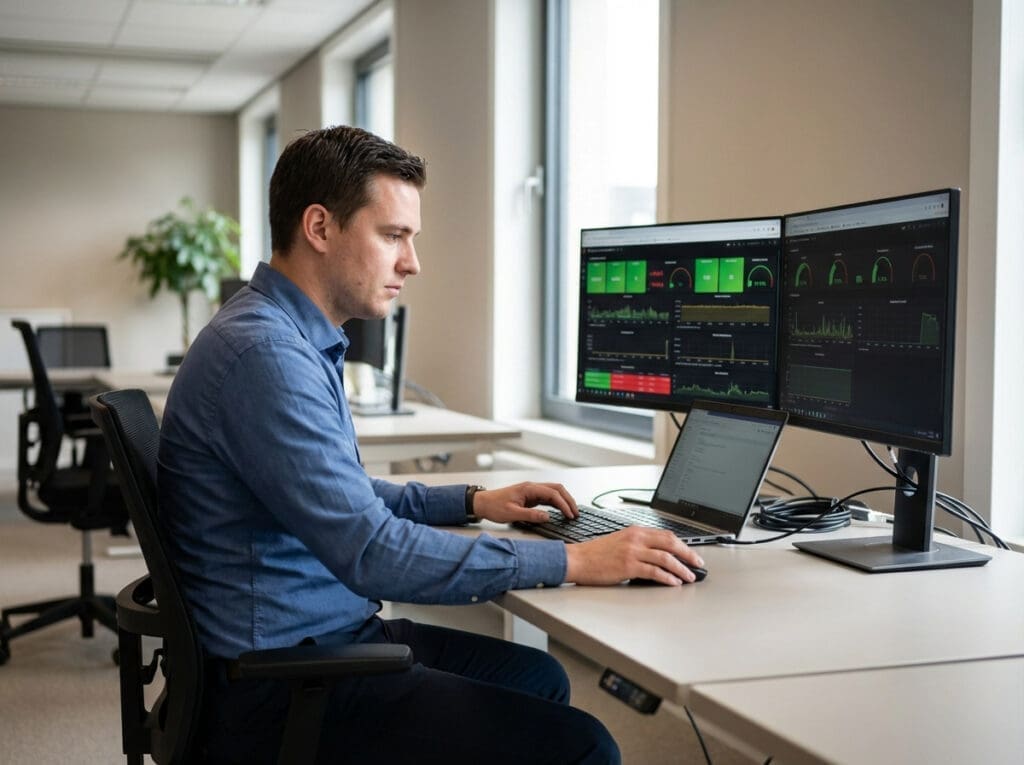 Man in blue shirt working on dual monitors in office