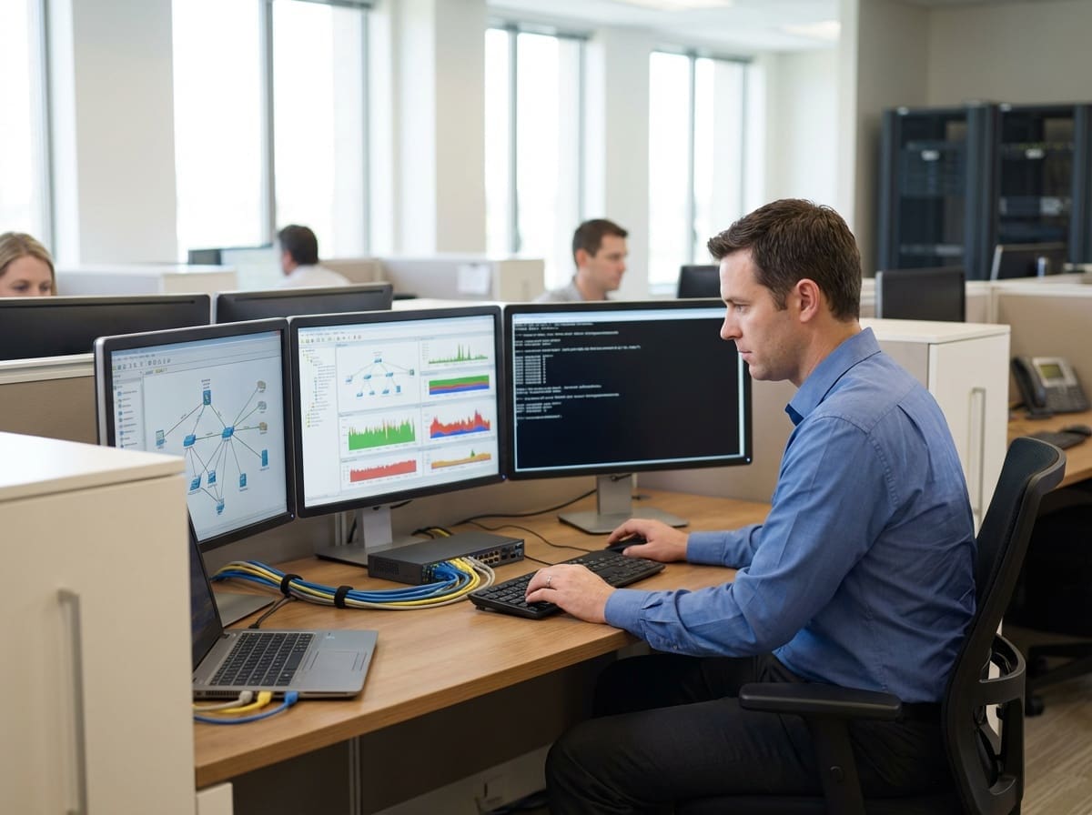 man in blue shirt working on multiple computer monitors in office