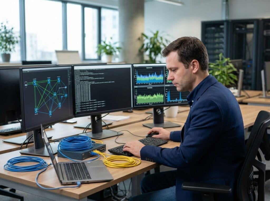 man in blue jacket working on computer with multiple monitors