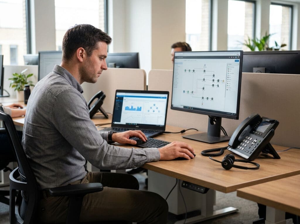 man working on laptop and monitor in office