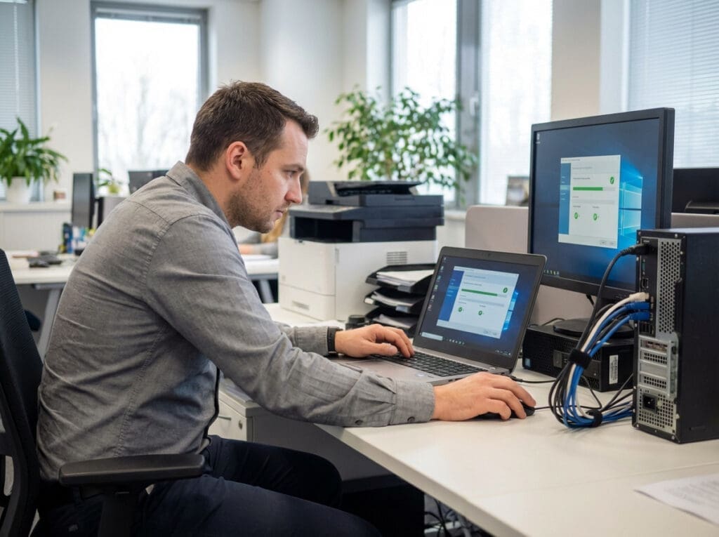 man working on laptop and monitor in office with plants