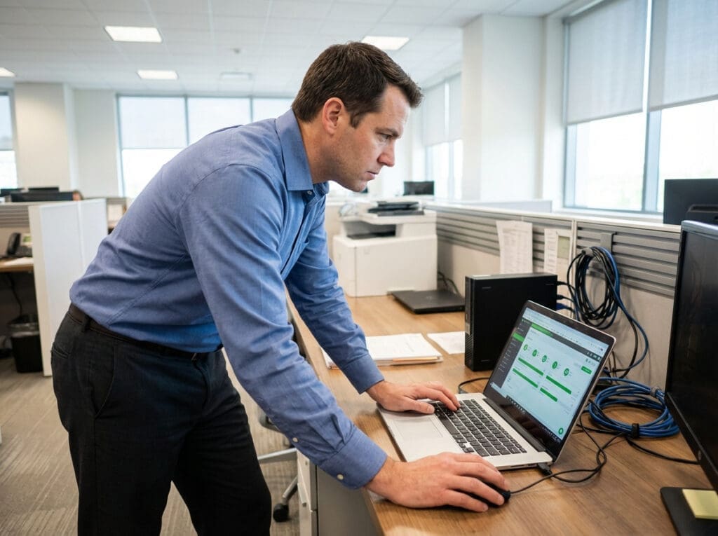 man in blue shirt working on laptop in office