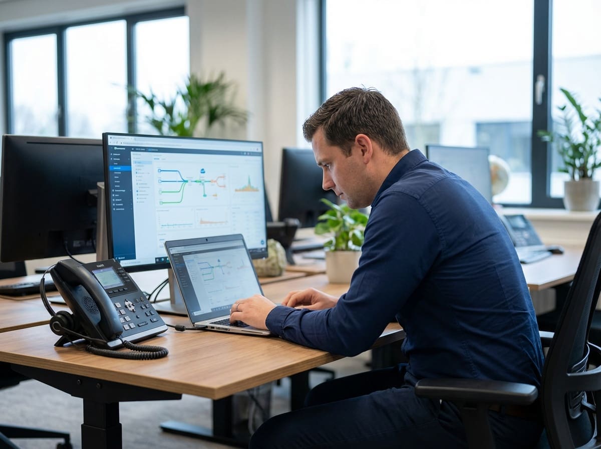 man in blue shirt working on laptop in office with graphs on screen