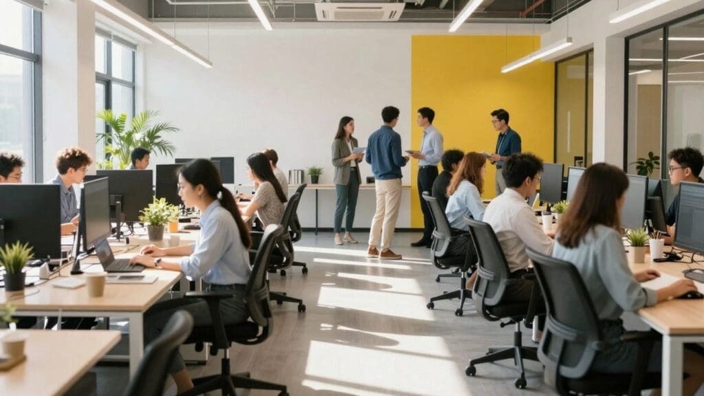 modern open office with employees working at desks and standing