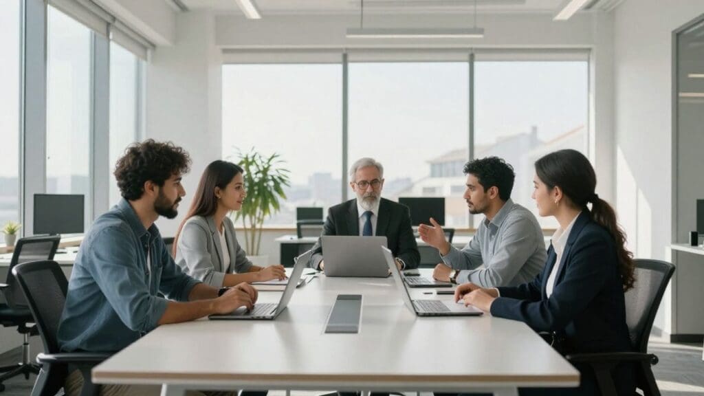 Business team in meeting with laptops in modern office