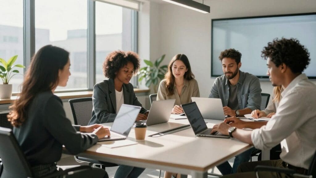 diverse team working on laptops in modern office