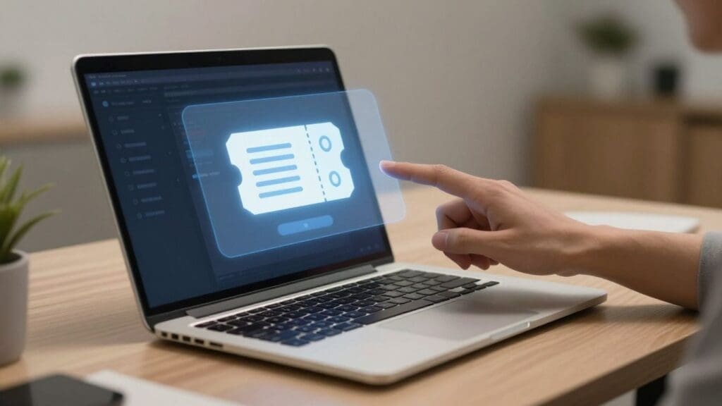hand interacting with holographic ticket icon on laptop