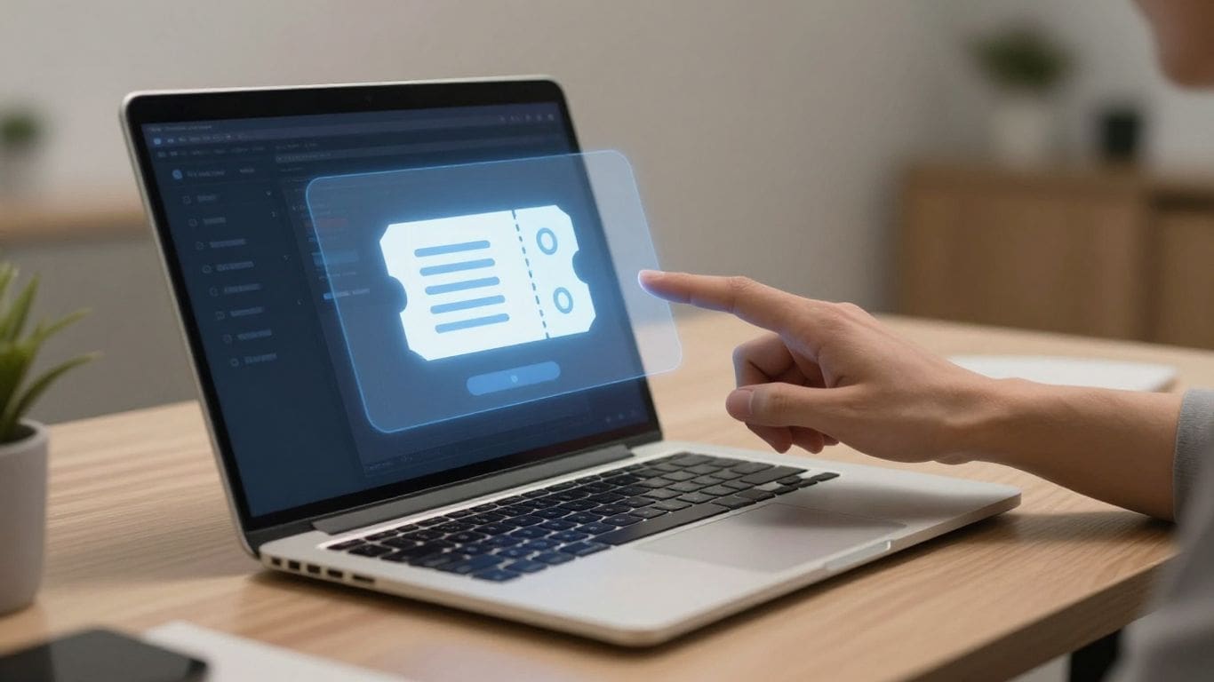 hand interacting with holographic ticket icon on laptop