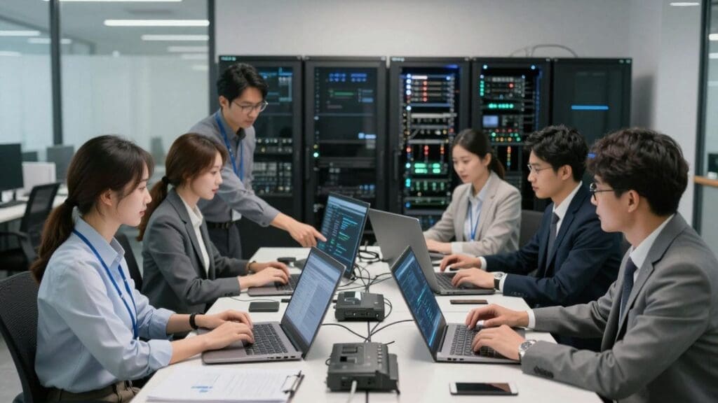 Team of IT professionals working on laptops in server room