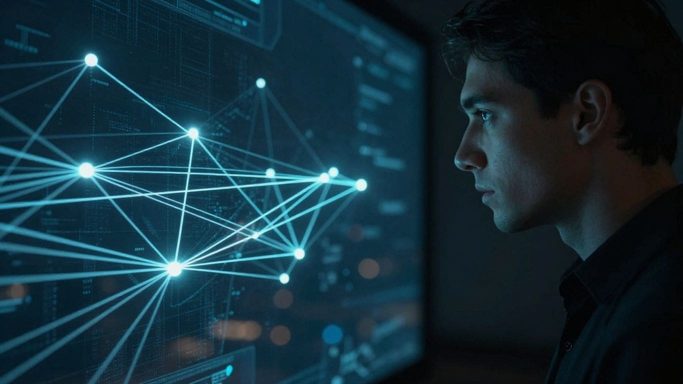 man analyzing digital network on large screen