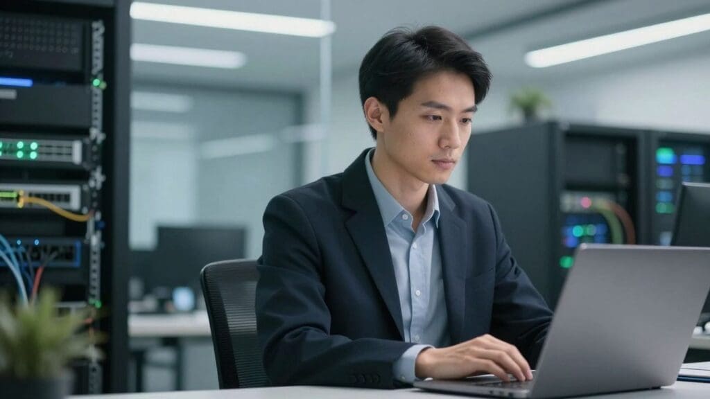 man in suit working on laptop in server room