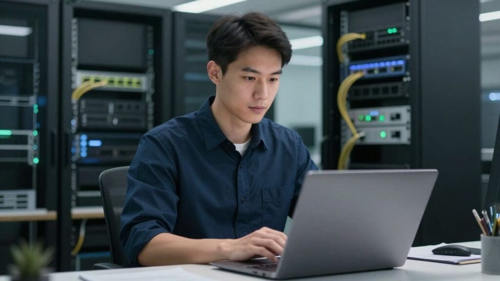 man in blue shirt working on laptop in server room