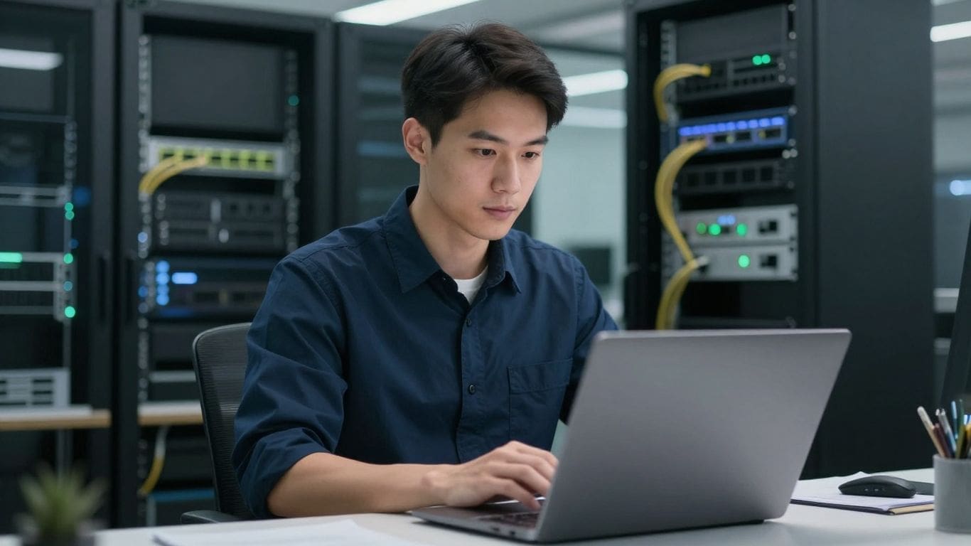 man in blue shirt working on laptop in server room
