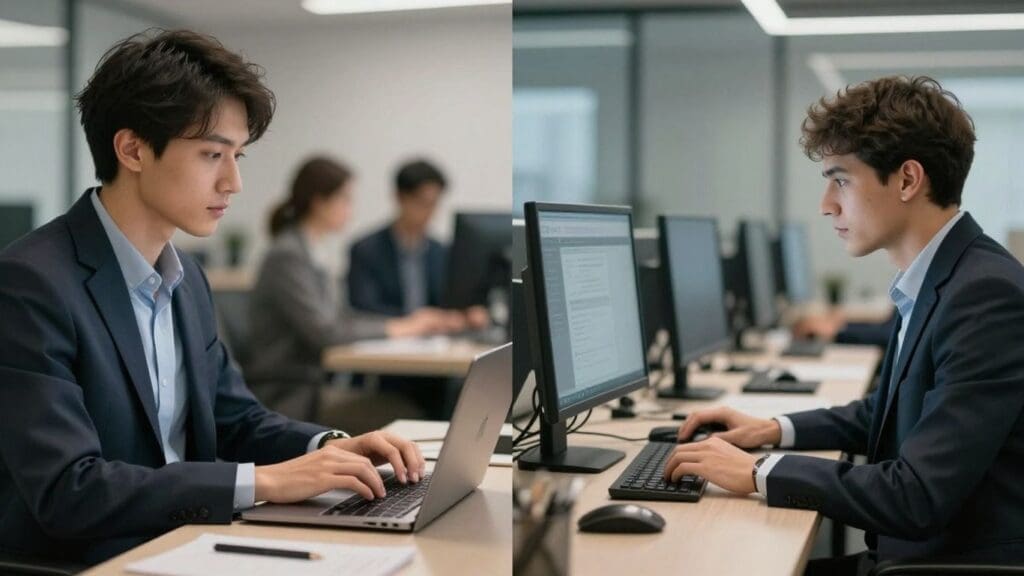 two men in suits working on computers in an office