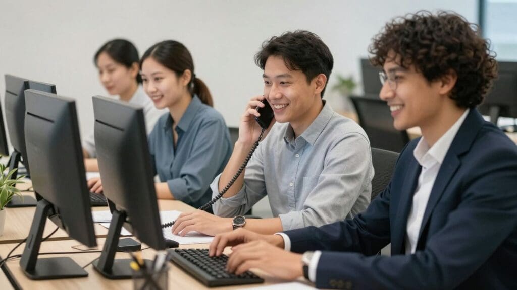 office workers at desks using computers and phone