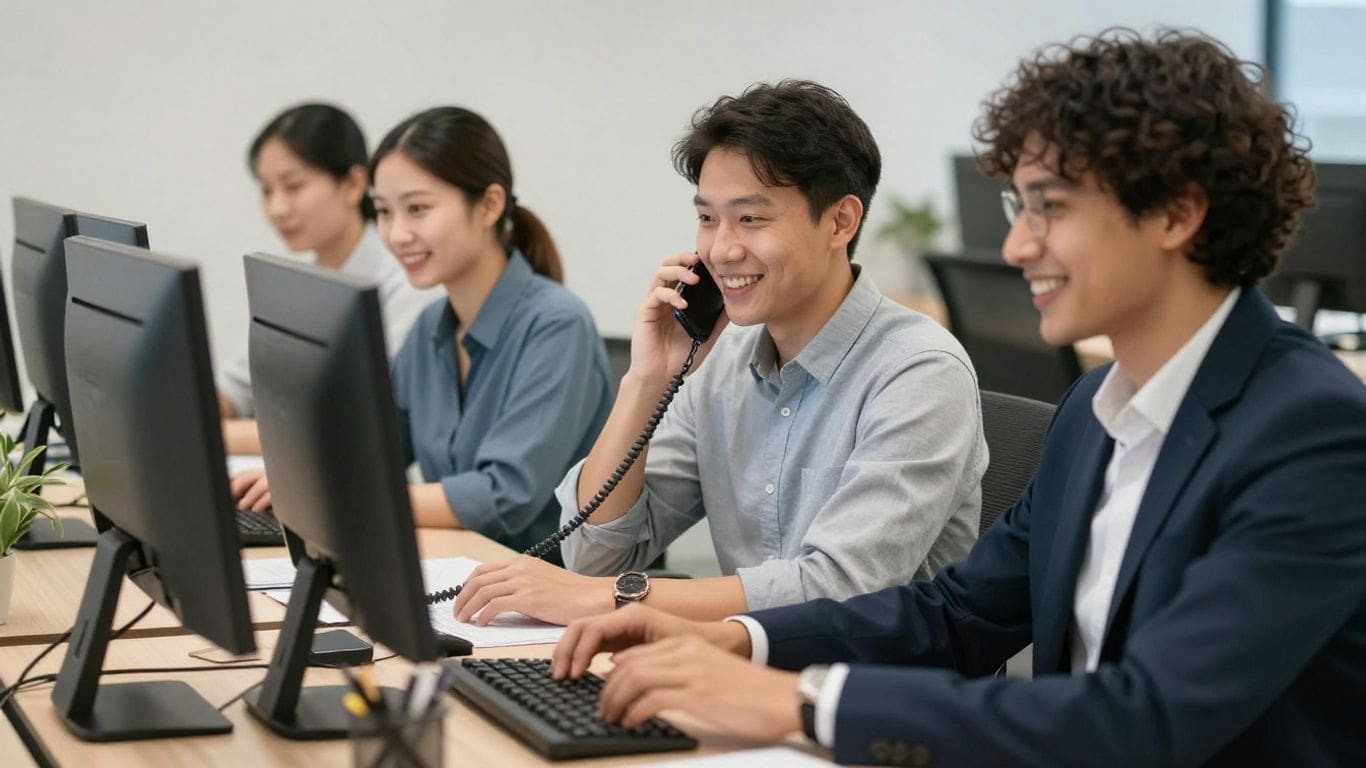 office workers at desks using computers and phone