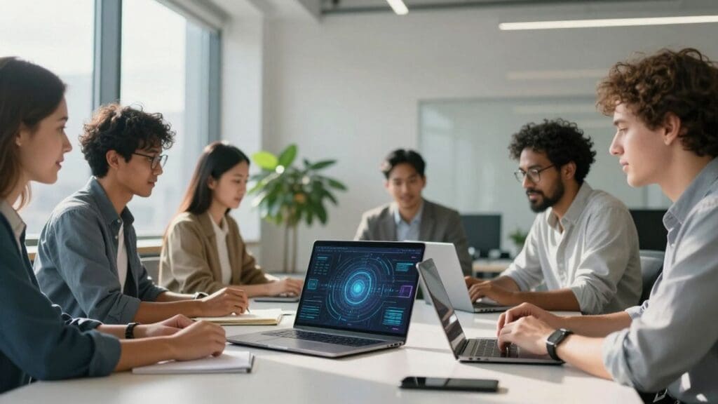Team meeting with laptops in modern office