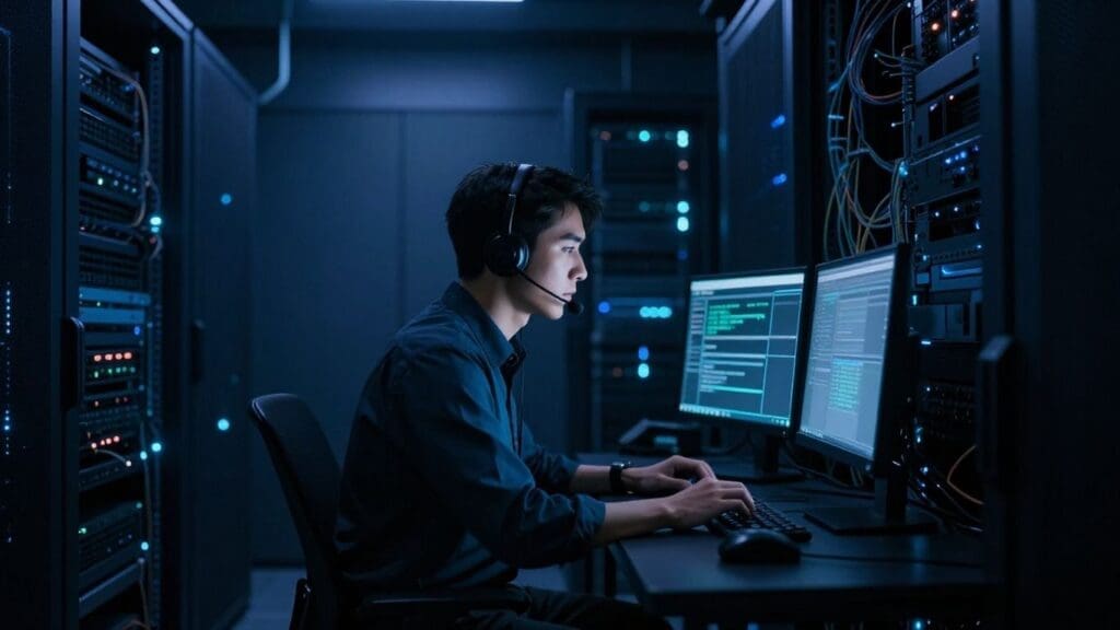 technician in server room working on computers