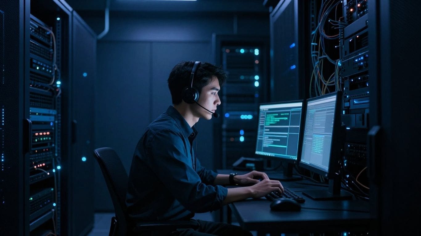 technician in server room working on computers