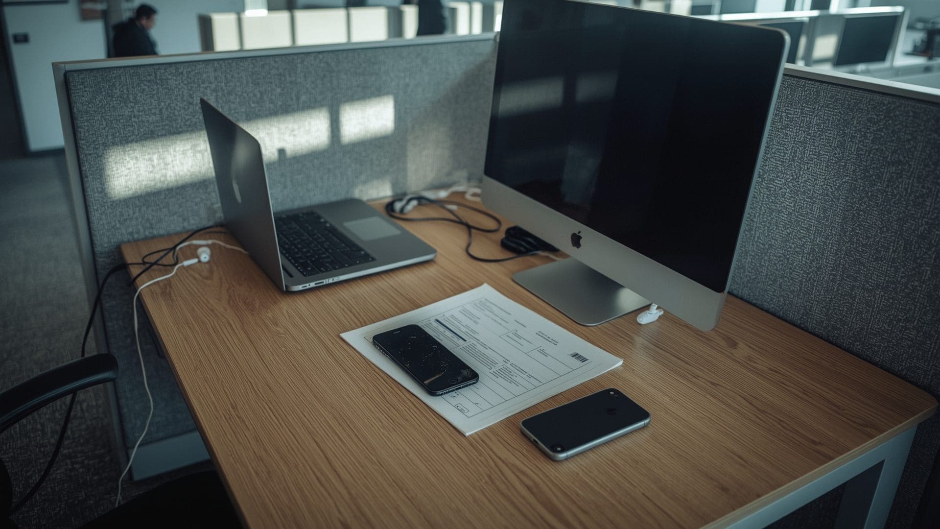 Business endpoint devices including laptop smartphone and scanner on cluttered office desk