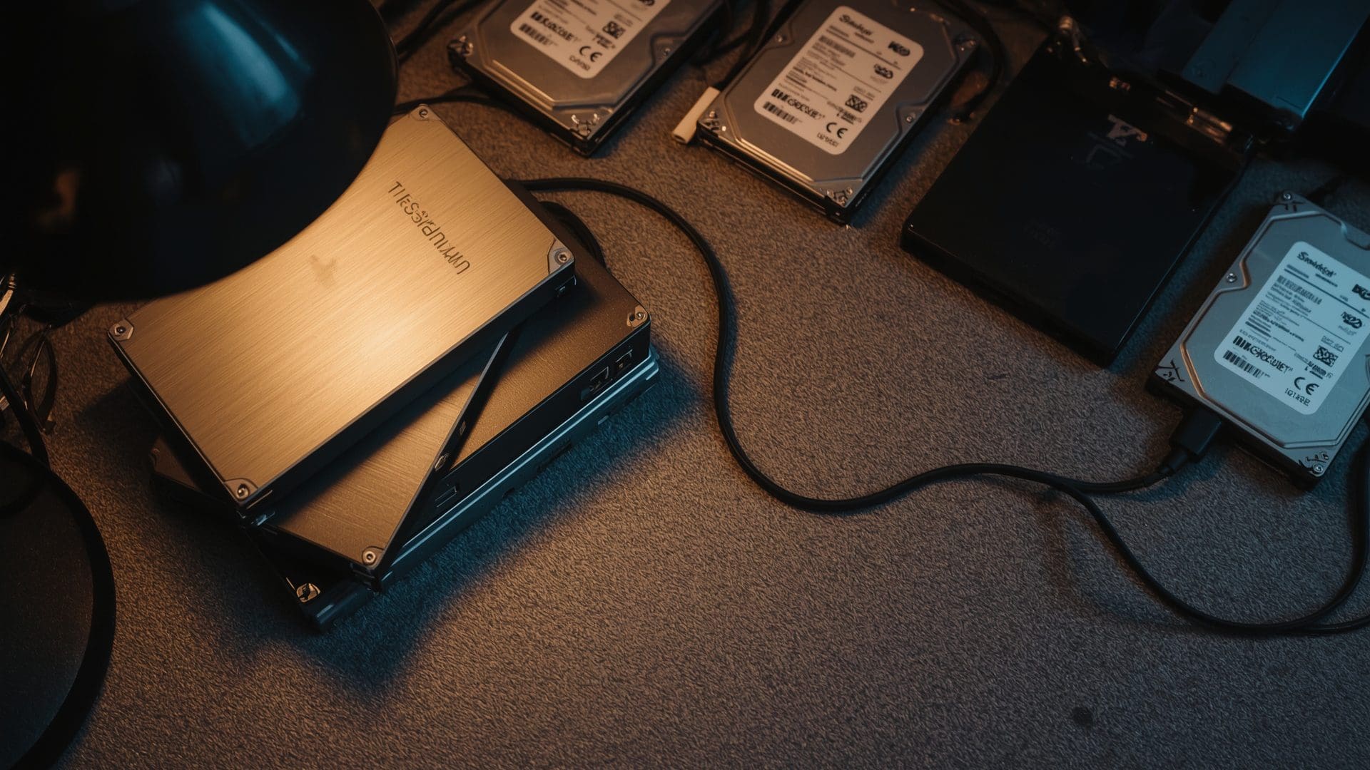 External backup drives and storage media arranged on IT workbench for data protection