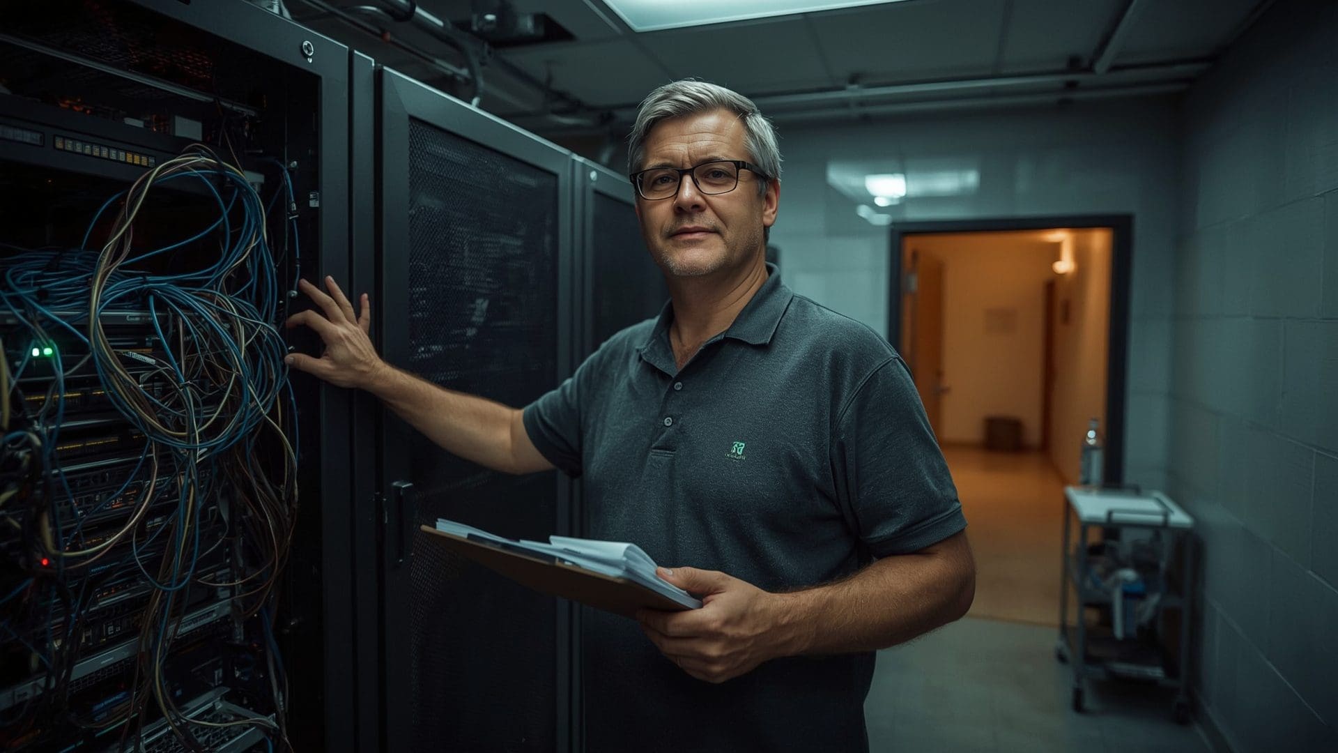 IT manager reviewing server rack infrastructure during business continuity assessment