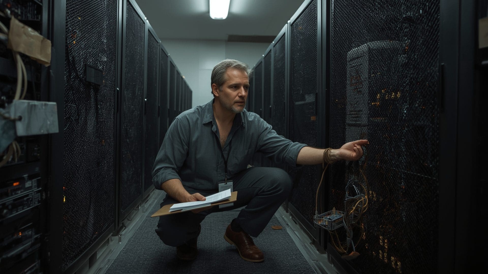 IT professional auditing aging server rack equipment before cloud migration planning