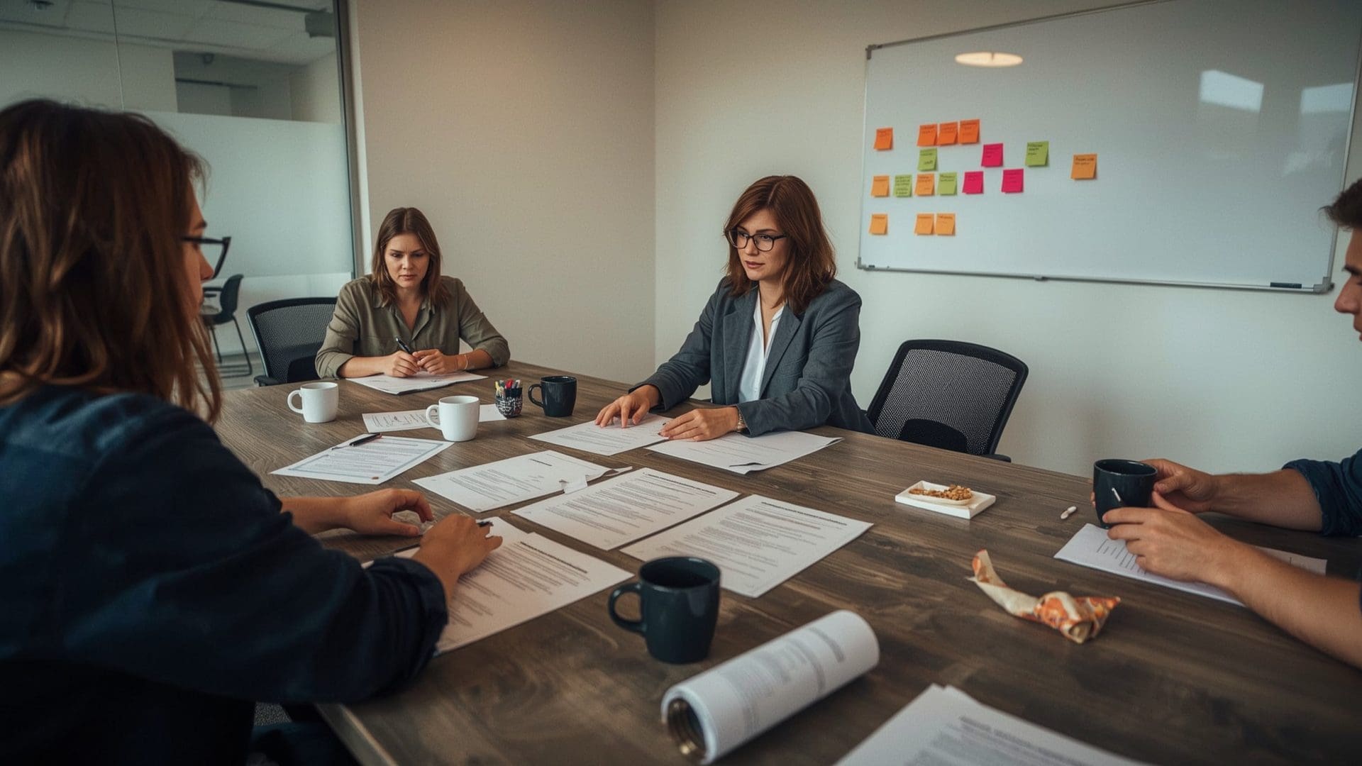 IT team conducting tabletop business continuity testing exercise around conference table