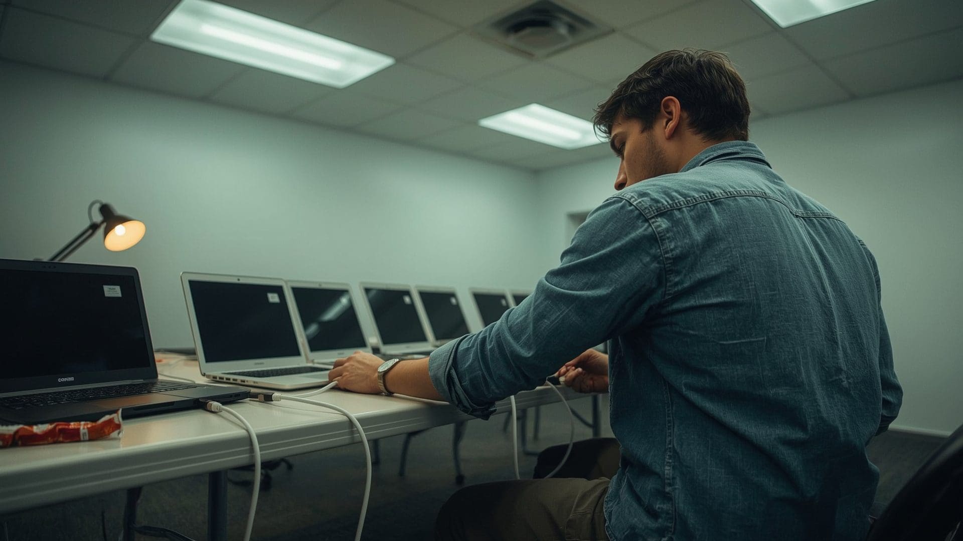 IT technician deploying endpoint security agents on multiple business laptops at setup table