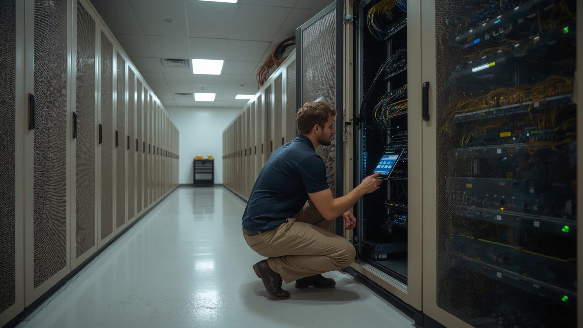 IT technician using tablet in server room
