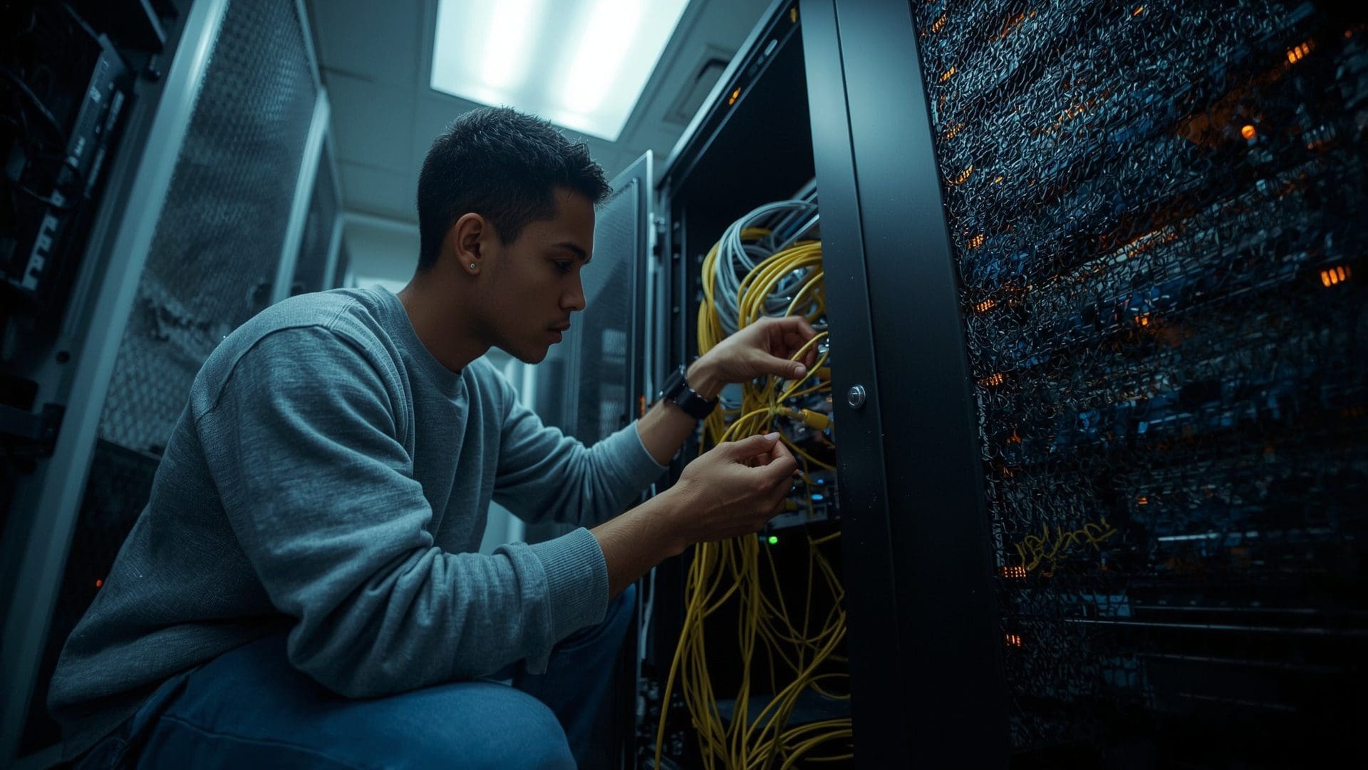 Network engineer configuring redundant failover systems in server room cabinet