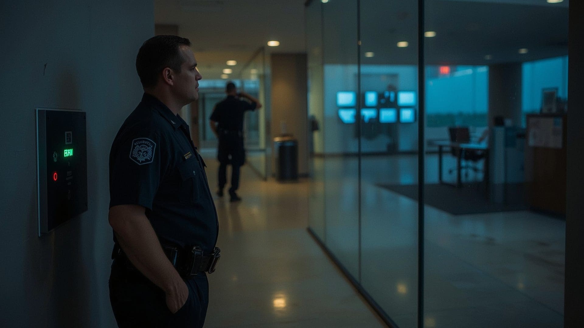 Security guard monitoring office building lobby illustrating layered endpoint protection concept