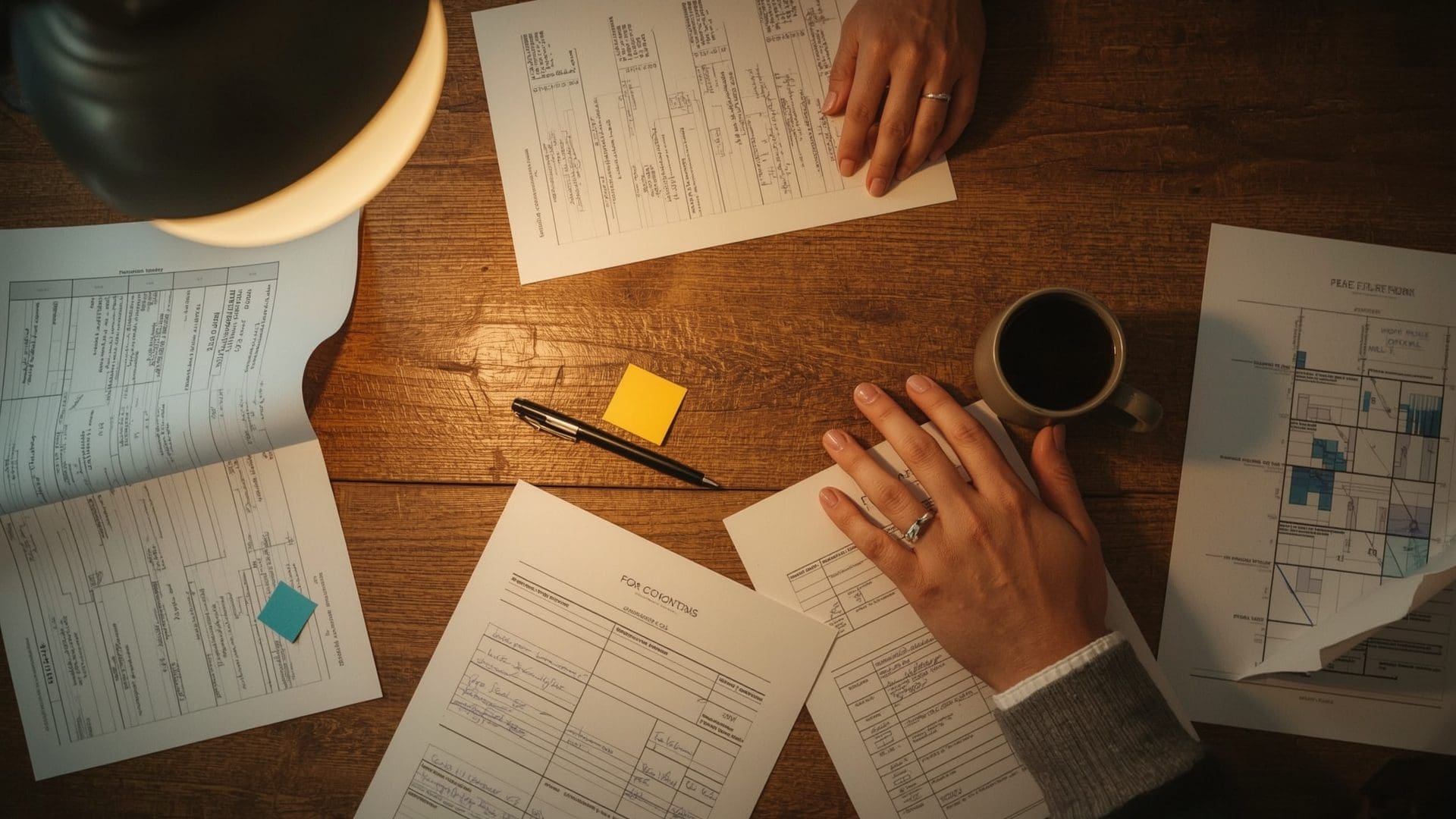Strategic cloud migration planning documents and sticky notes spread across conference table