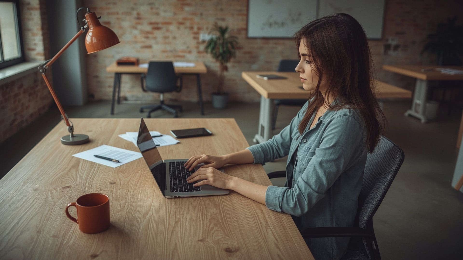 Woman in denim shirt typing on laptop at wooden desk