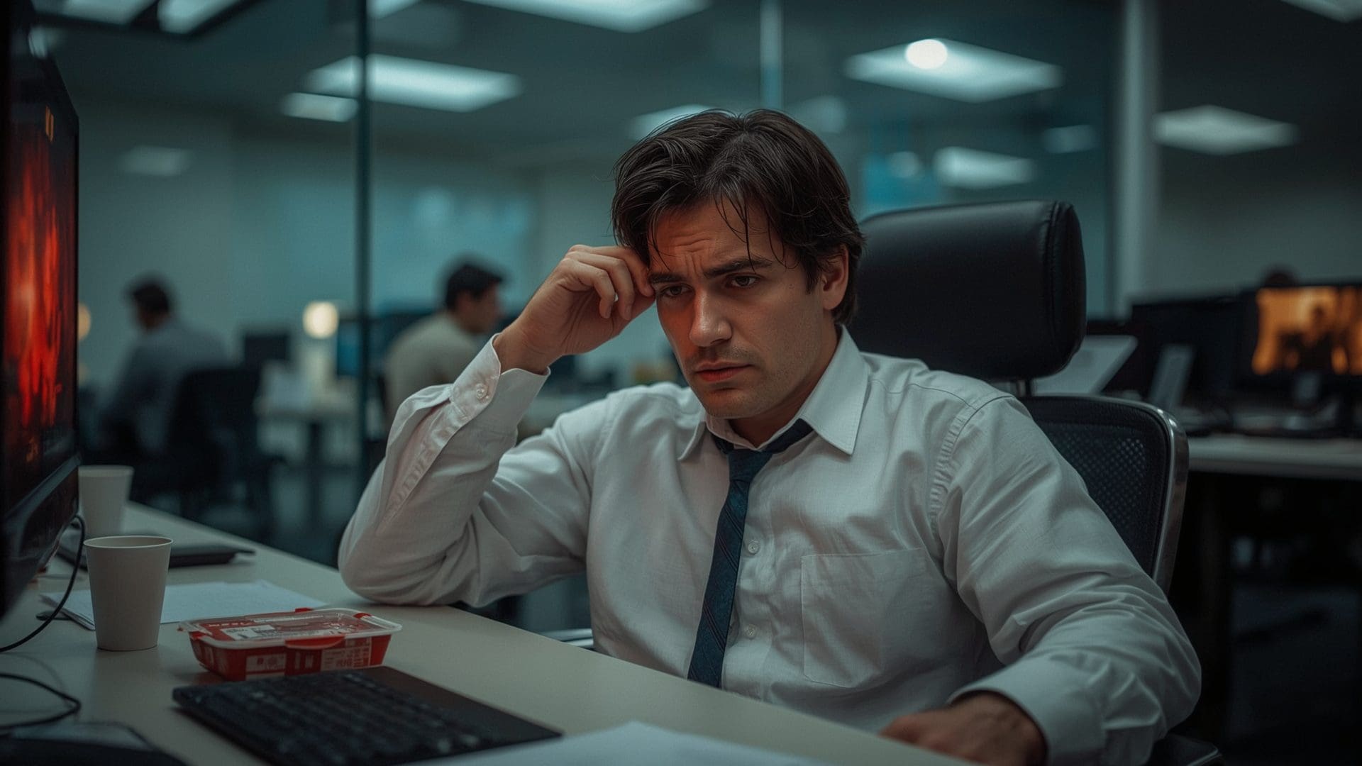 Exhausted IT professional overwhelmed by network monitoring alerts at office workstation