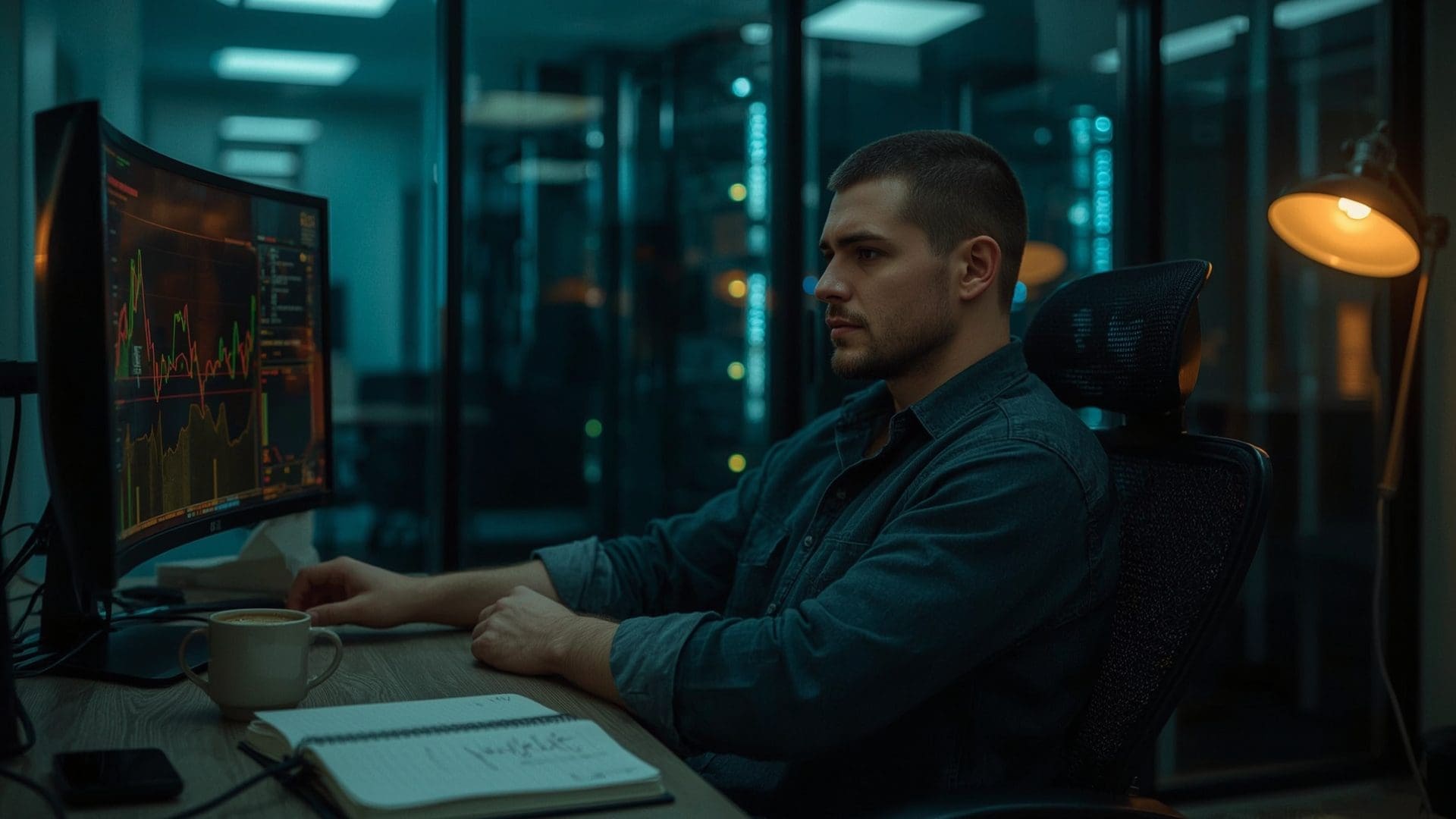 IT professional monitoring business network infrastructure on dual screen dashboard