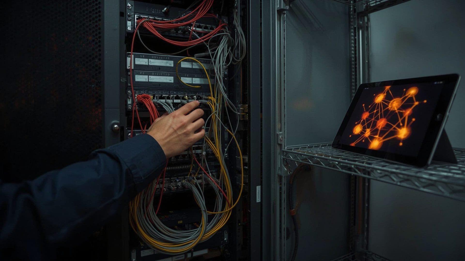 IT technician inspecting business network rack switches and patch panel cables