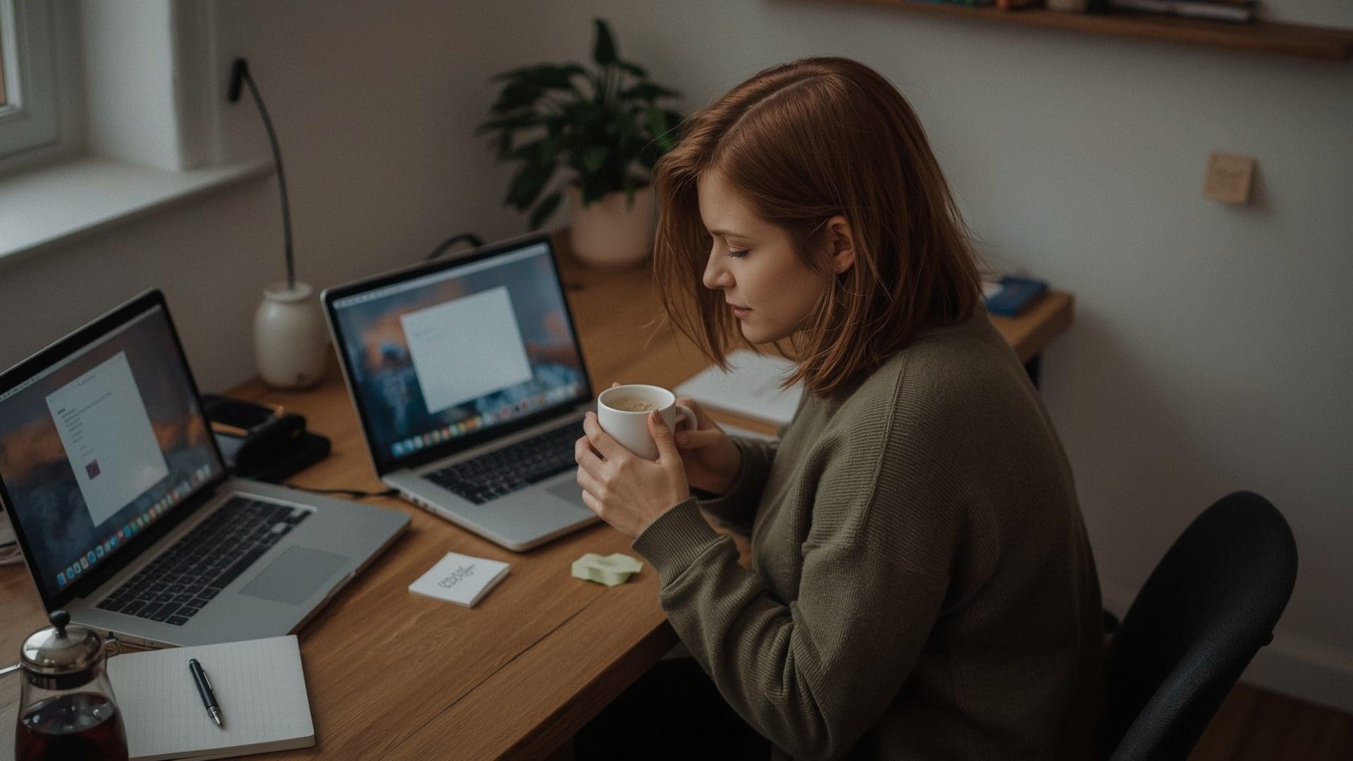 Small business owner comparing network monitoring tools at cluttered home office desk