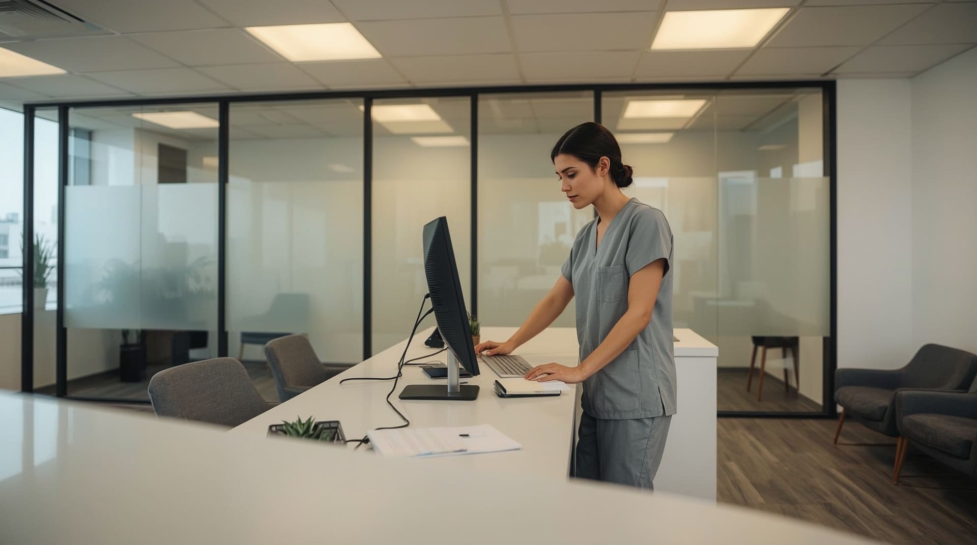Dental receptionist using technology at front desk in modern welcoming office environment